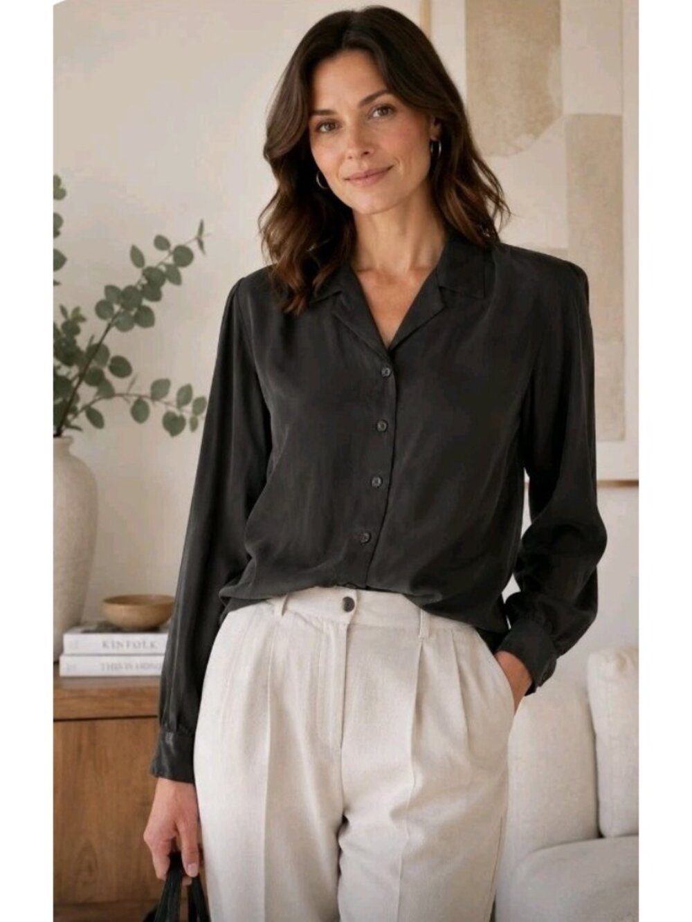 Vintage 80s Seta Studio Blouse 100% Silk Luxury Minimalist Capsule Size S Black